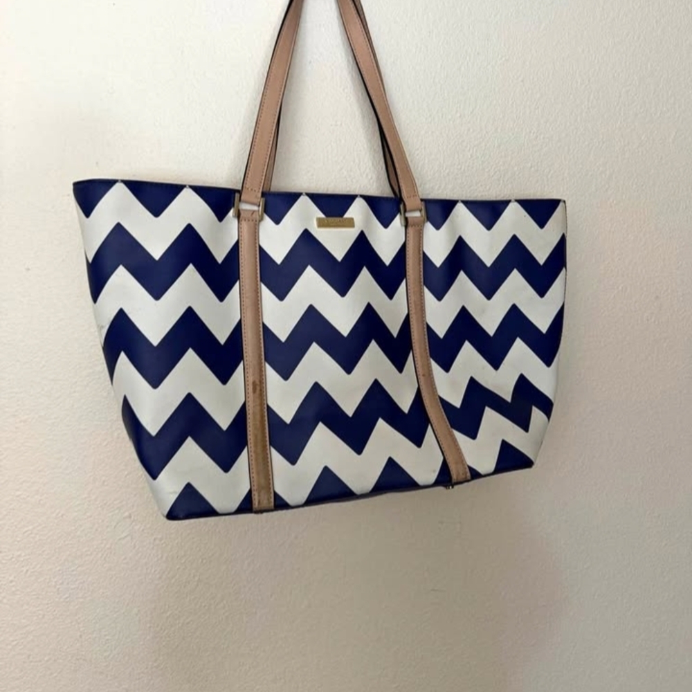 kate spade Navy and White Chevron Tote with Tan Handles